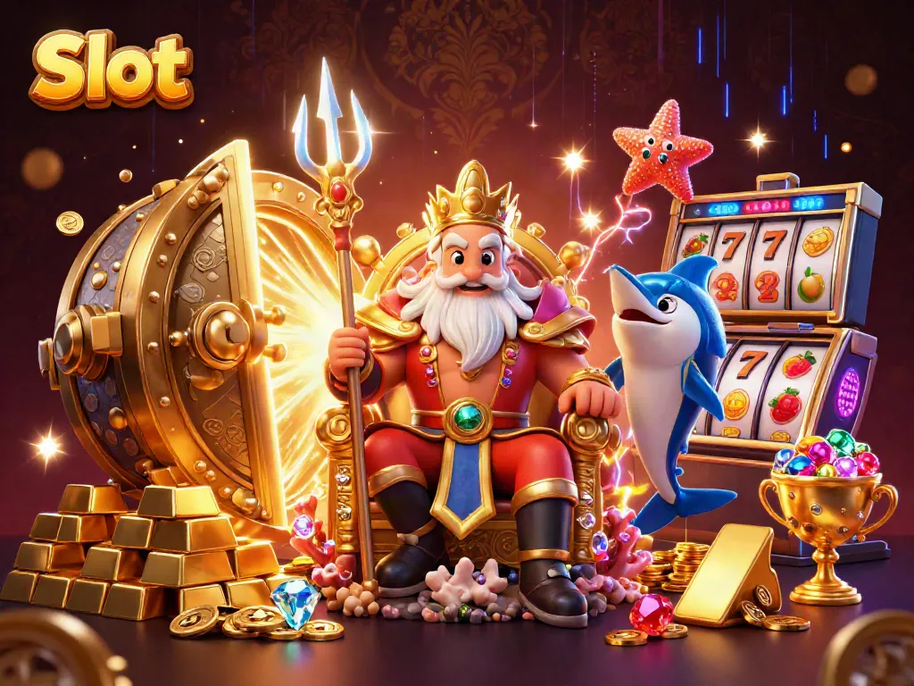 Experience thrilling Slot action with Neptune and treasures in a vibrant casino scene.
