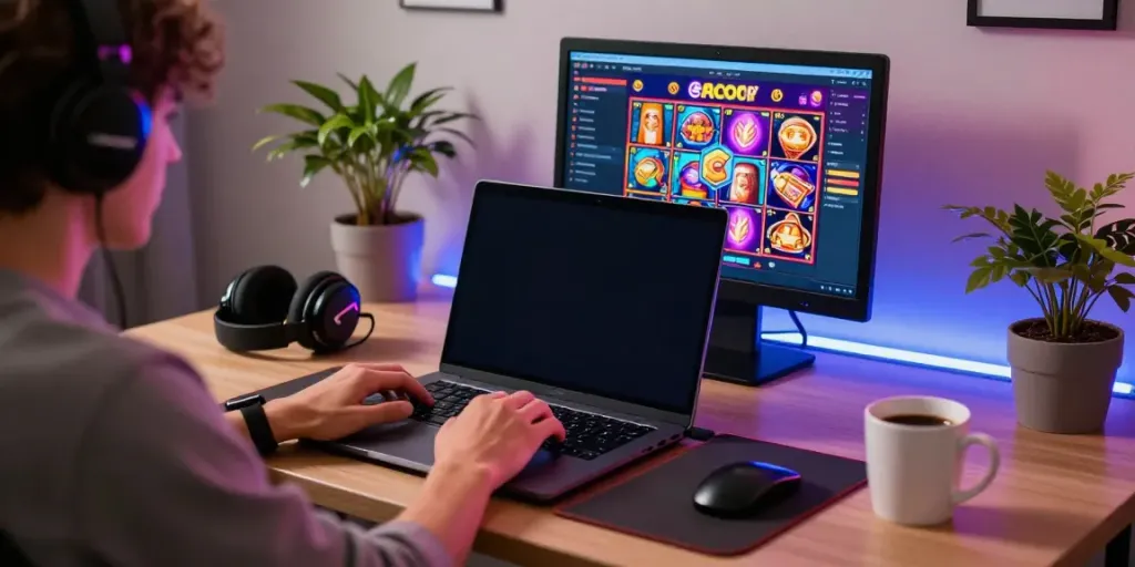 Engaging home gaming scene featuring slot gacor interface on laptop.