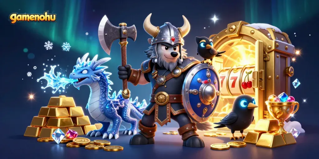 Engage with gamenohu's exciting gaming scene featuring a Viking wolf warrior and dragon amidst slots.