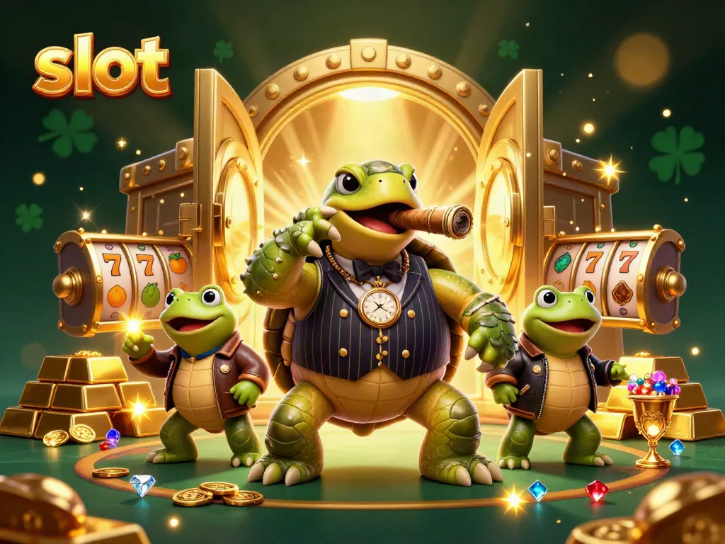 Experience thrilling slot action in a vibrant casino scene featuring a mobster turtle and bullfrog enforcers.