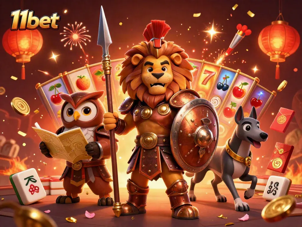 Experience 11bet's thrilling casino scene with a Spartan lion, owl strategist, and greyhound messenger.