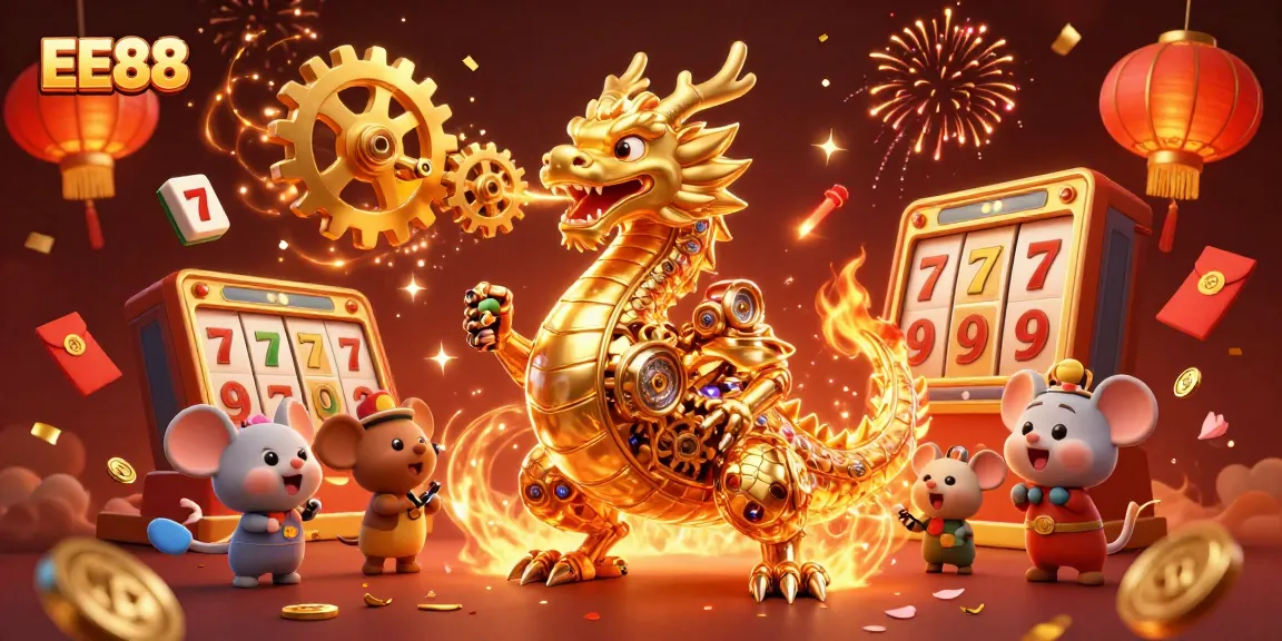 EE88 slot dragon soaring amidst golden gears and festive confetti in a vibrant casino scene.