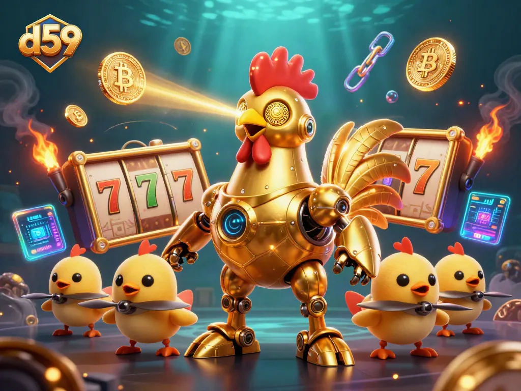 Engage in thrilling gameplay with d59's golden rooster robot and baby chick drones among vibrant slot elements.