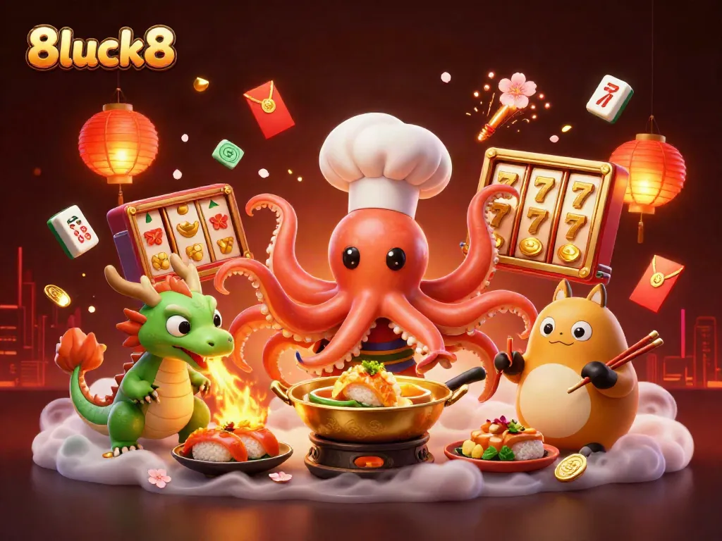Experience the excitement of 8luck8 with a dynamic 3D scene featuring an octopus chef and dragon in a vibrant casino atmosphere.