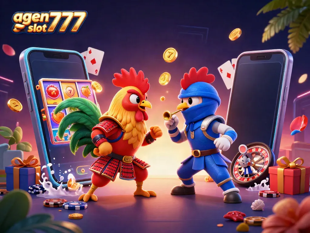 Experience thrilling gameplay with agen slot777 as cartoon roosters battle amidst dynamic casino elements.