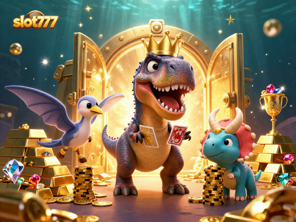 Menghasilkan kemenangan menarik di slot777 dengan T-Rex bermain kartu dan triceratops menumpuk chip emas.