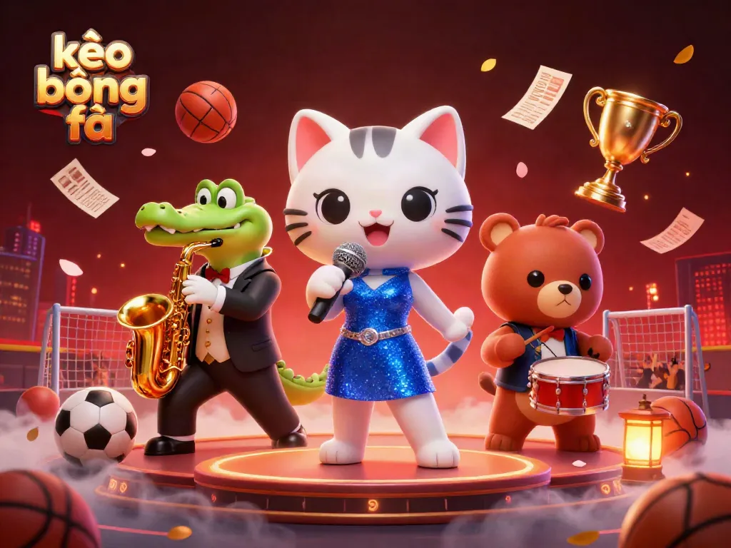 Engage with kèo bóng đá featuring lively cartoon characters celebrating sports betting around a vibrant casino scene.