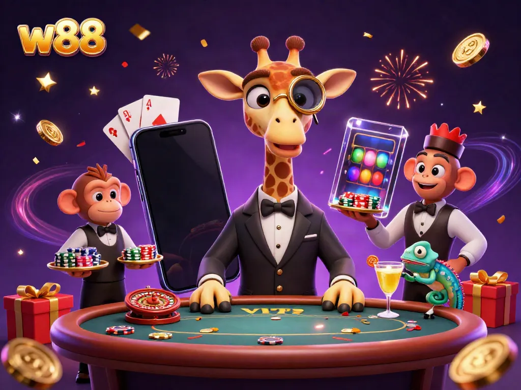 Experience thrilling gaming moments with w88's vibrant casino scene featuring a classy giraffe and dynamic characters.
