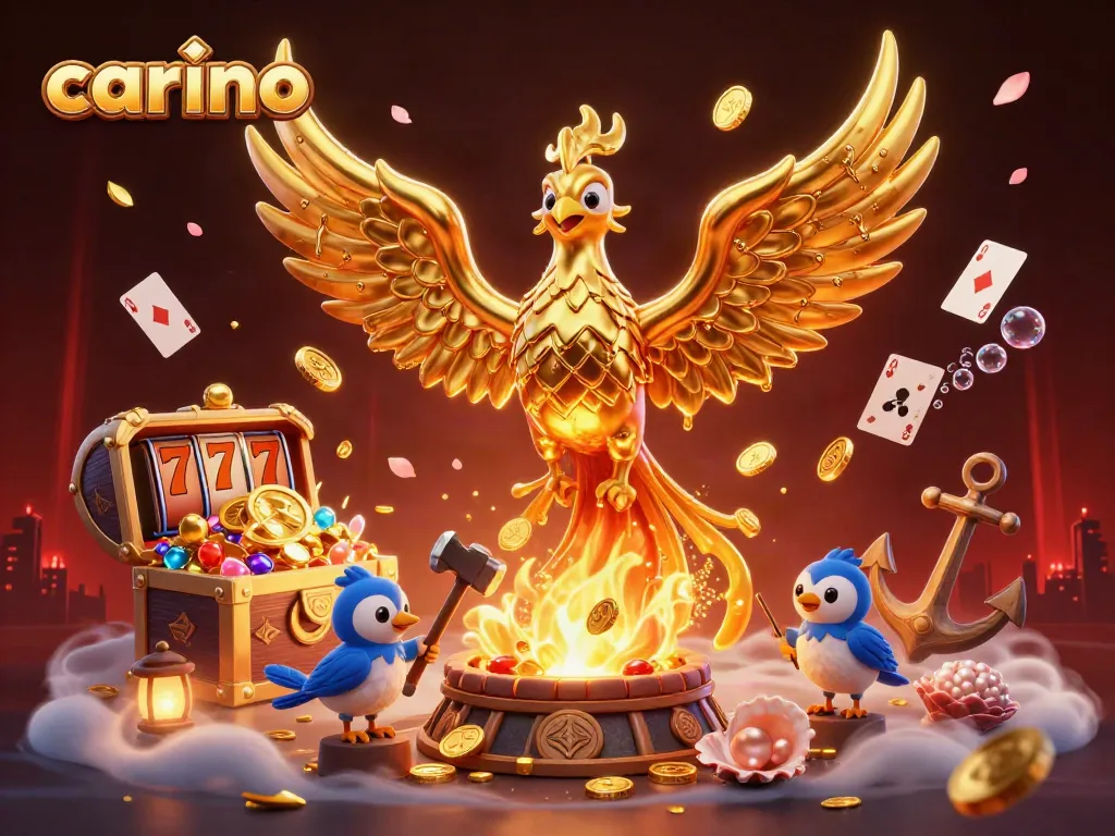 Carino casino features a molten phoenix and dynamic gaming elements amidst rich visuals.