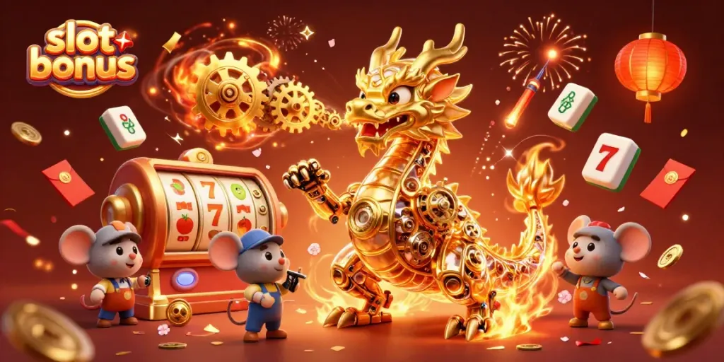 Experience the excitement of the slot bonus with a golden dragon and magical gaming elements.