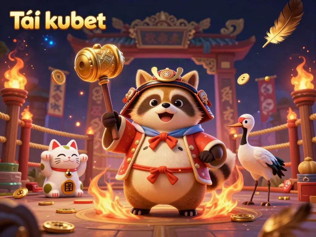 Experience the excitement of Tải kubet with a joyful tanuki and colorful fortune cats in a vibrant gambling scene.