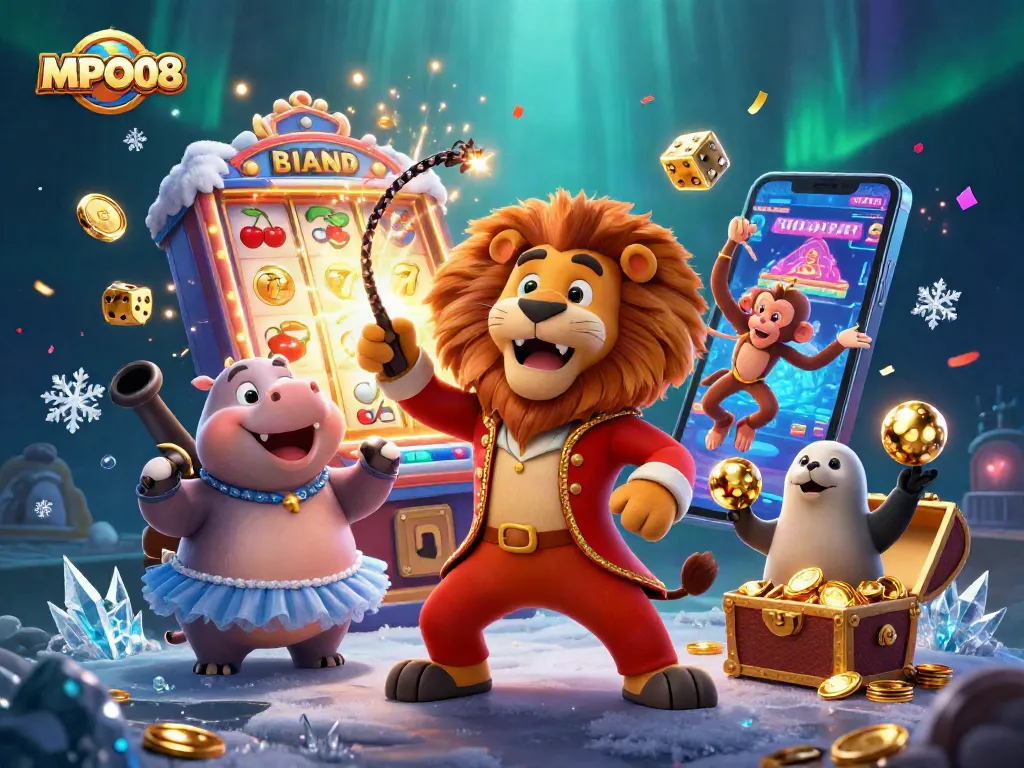 MPO08 showcases a vibrant casino scene with animated characters celebrating amid jackpot excitement.