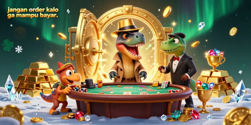 Win big with IDEBET by not ordering if you can't pay, featuring cartoon dinosaurs at a casino.