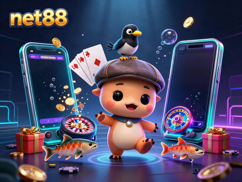 Spin to win with net88 in a vibrant casino-themed scene featuring cartoon characters and games.