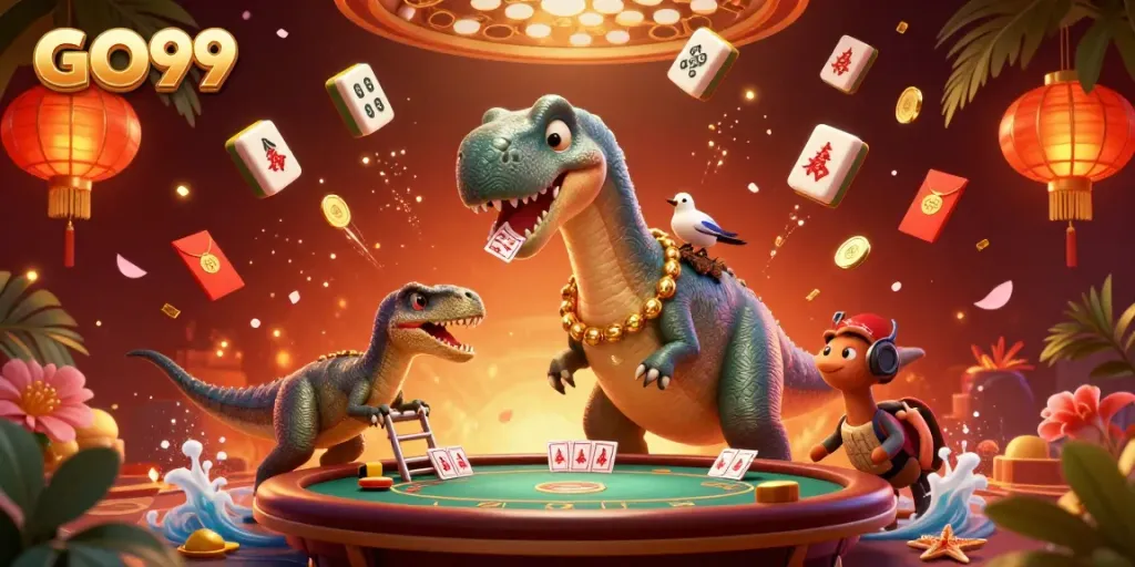 Experience excitement with GO99's animated casino scene featuring playful dinosaurs and rich game elements.