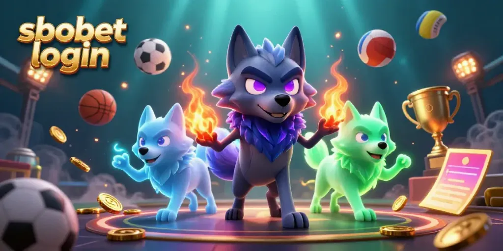 Experience the excitement of sbobet login in a dynamic sports betting illustration, showcasing glowing wolves and floating sports balls.
