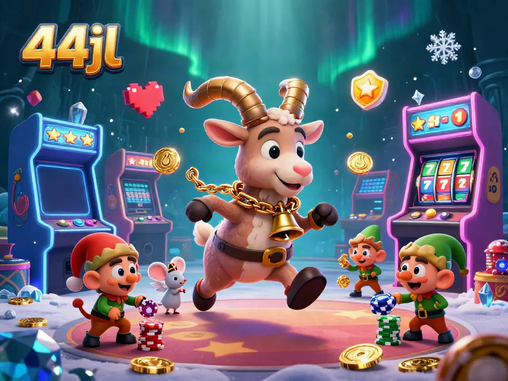 Experience thrilling gaming at the 44jl casino, featuring festive characters and vibrant atmospherics.