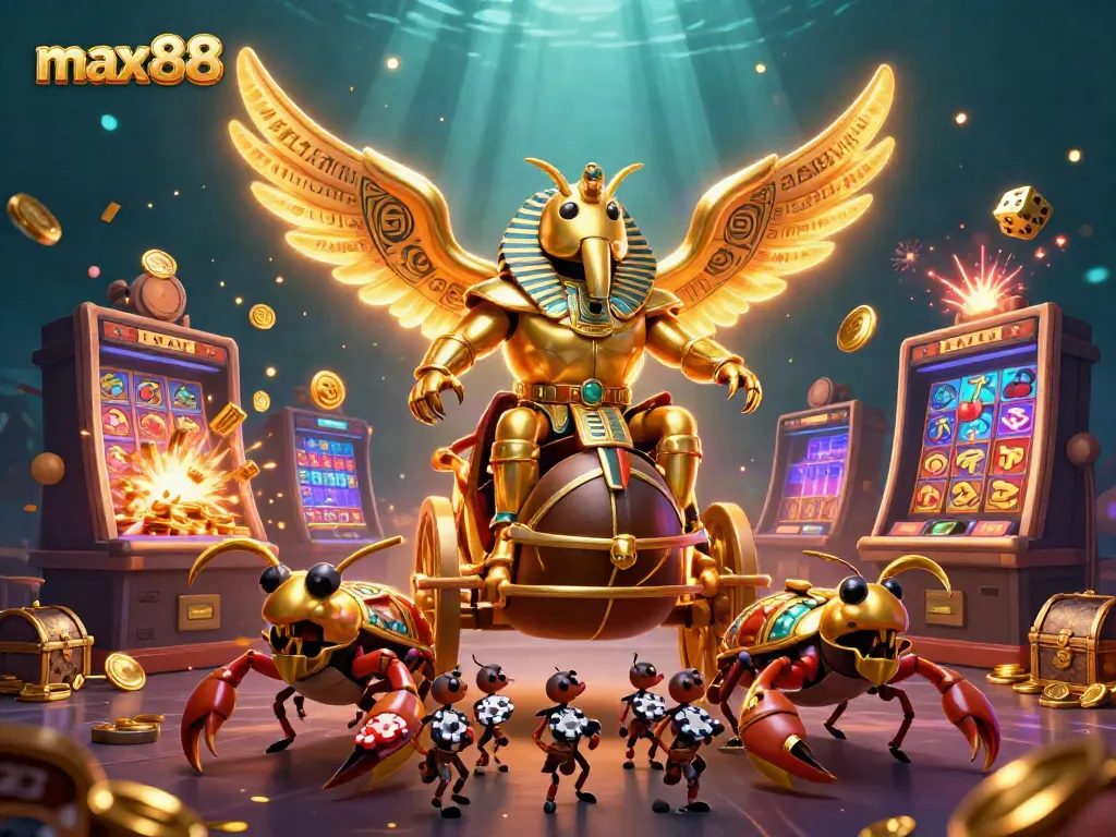 Experience the excitement of max88 with vibrant casino scenes featuring a glowing scarab, scorpions, and exploding slot machine.