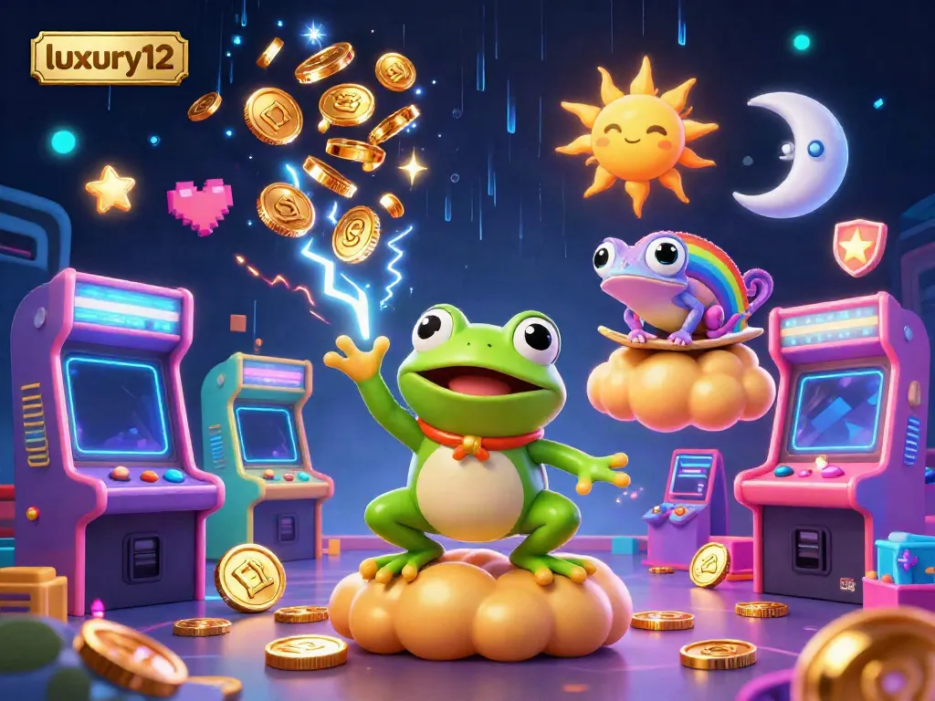 Experience the vibrant luxury12 casino scene with dynamic characters and golden coins falling, showcasing gaming excitement.