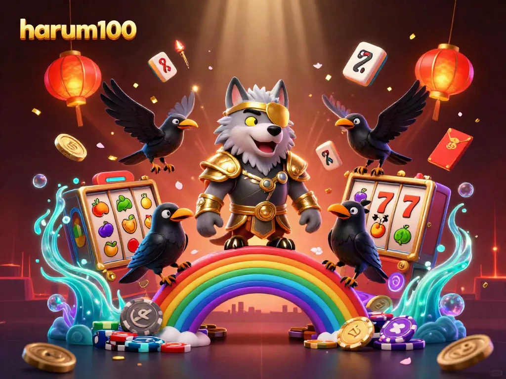 Gambar promosi perjudian bertema harum100 dengan karakter kartun Norse dan elemen kasino.