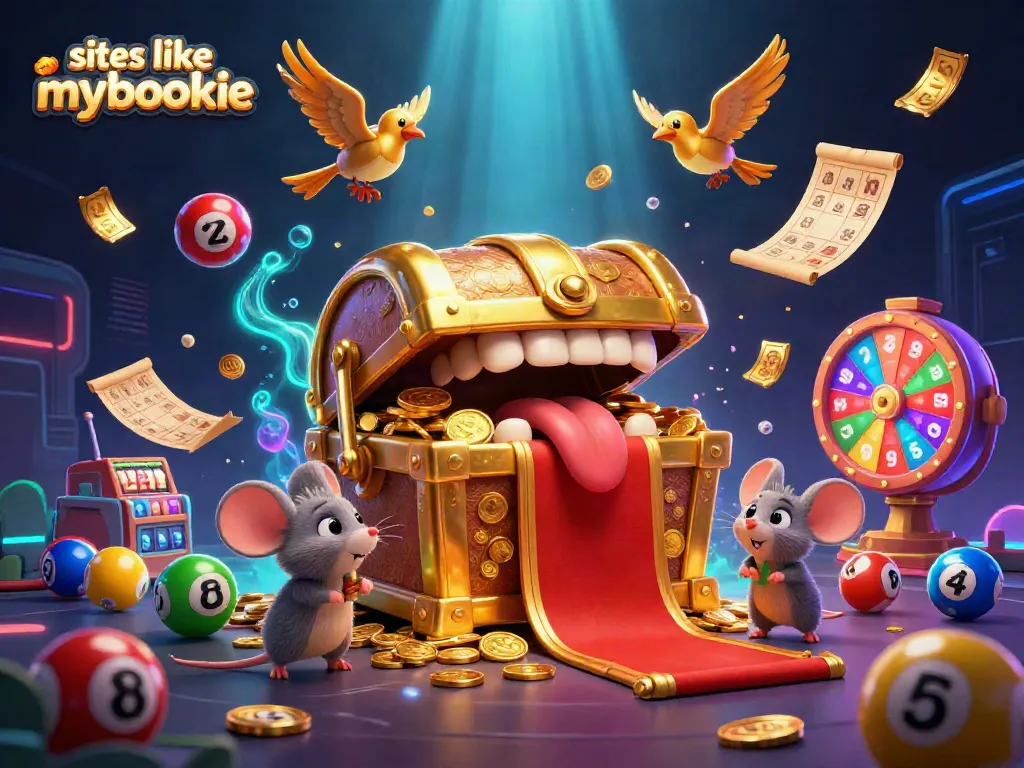 Engaging scene showcasing sites like mybookie with vibrant lottery elements and adventure themes in a fun 3D illustration.
