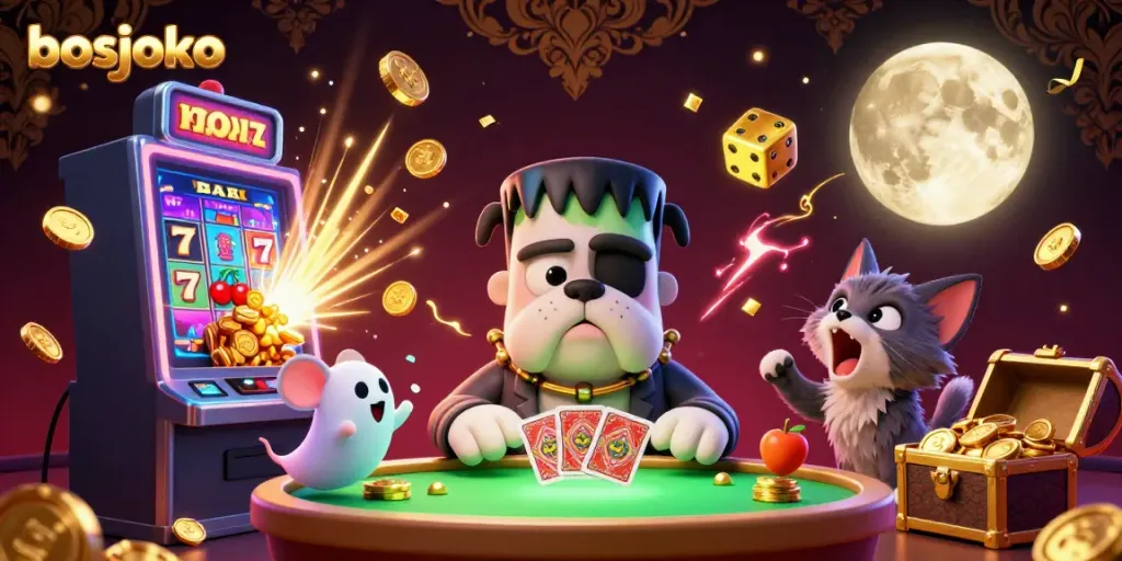Join the excitement at bosjoko's thrilling slot games, featuring vibrant 3D characters and casino elements.