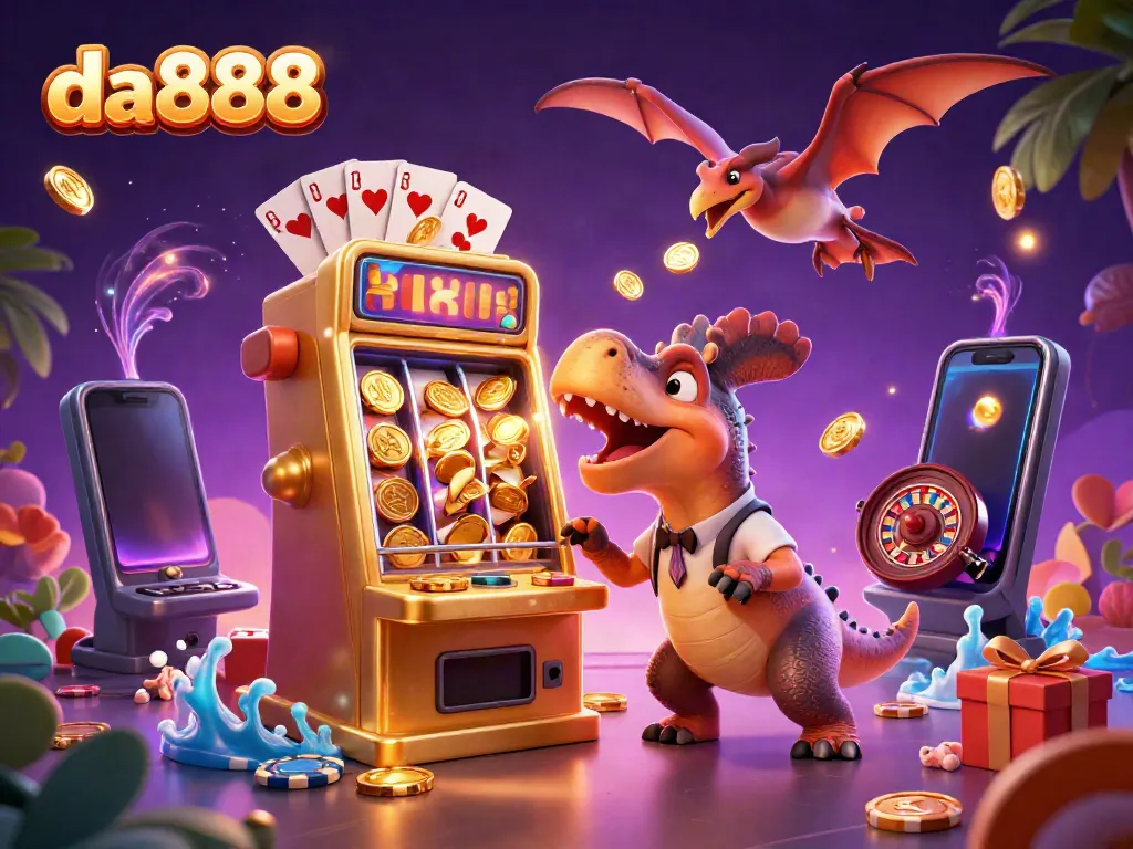 da888 ignites excitement as the pachycephalosaurus triggers a jackpot, amid flying coins and vibrant casino action