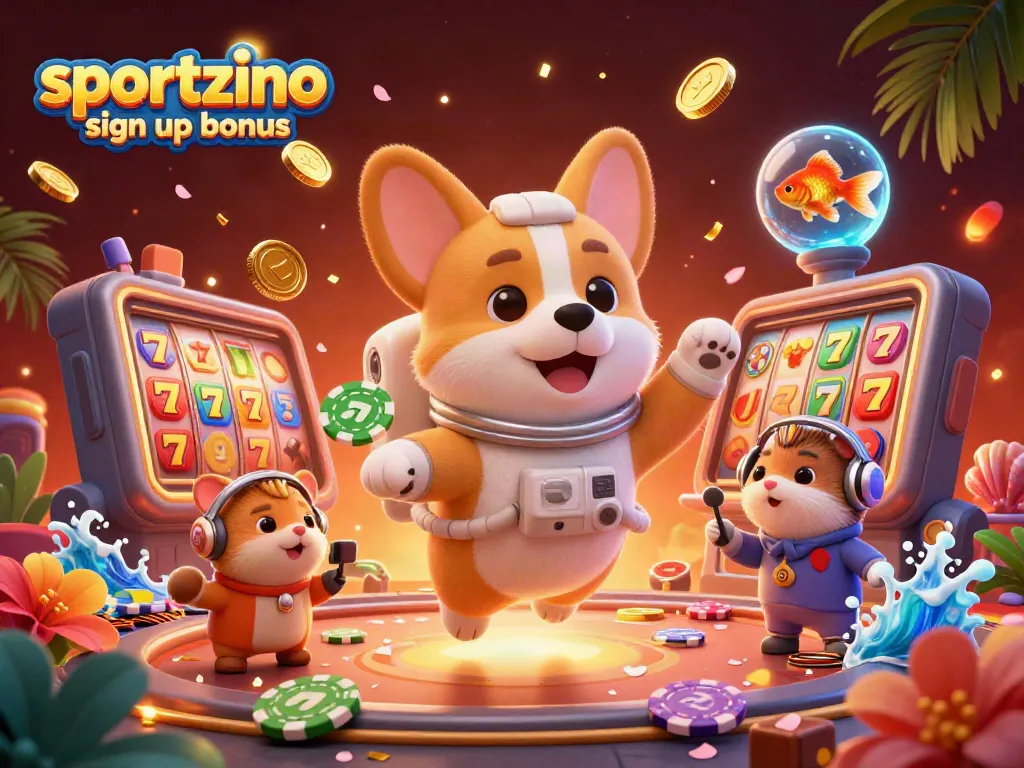 Claim your sportzino sign up bonus while enjoying free spins in a vibrant 3D casino scene.