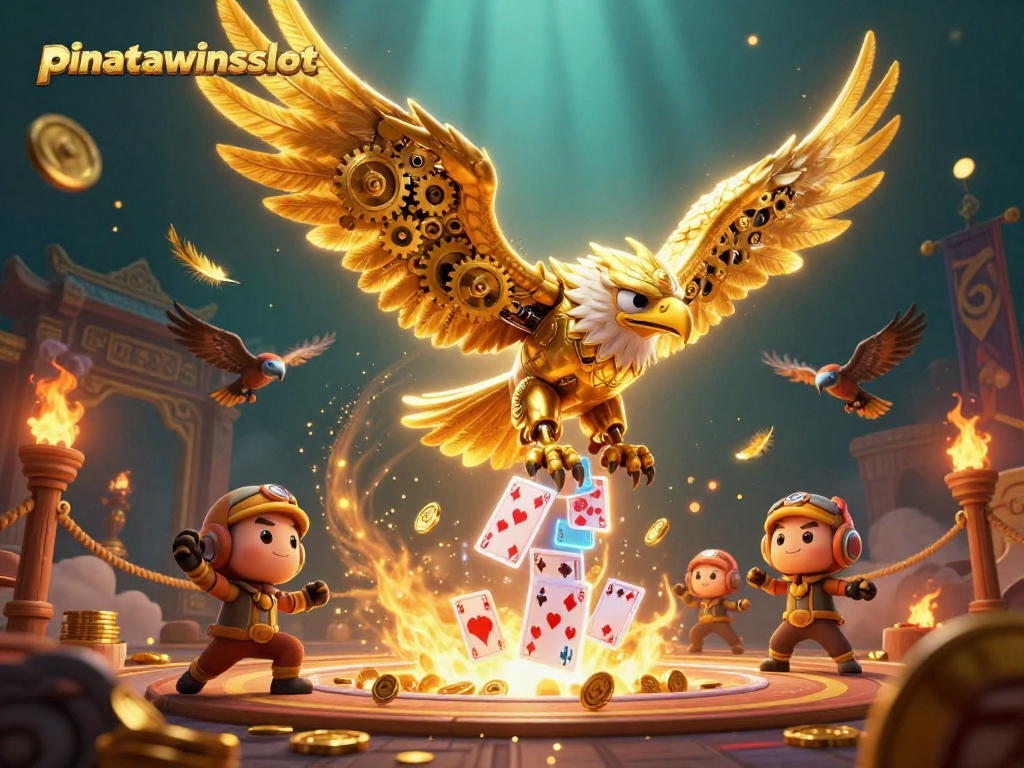 Engage with pinatawinsslot as a cybernetic golden eagle dives through holographic cards and glowing tokens.